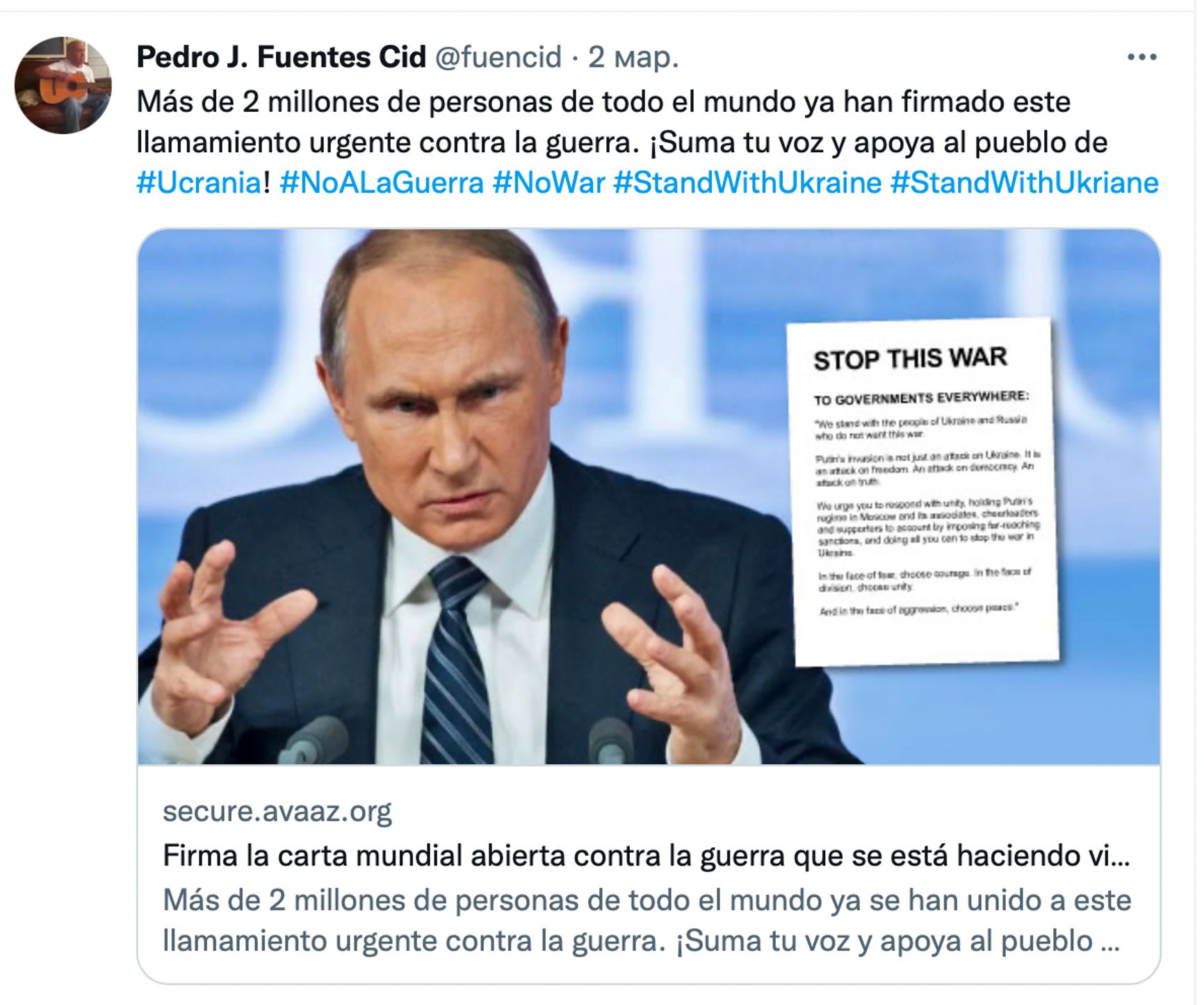 В свои 83 года Педро Фуэнтес-Сид ведет общественную жизнь, активен в соцсетях и с первых же дней вторжения поддержал борьбу Украины