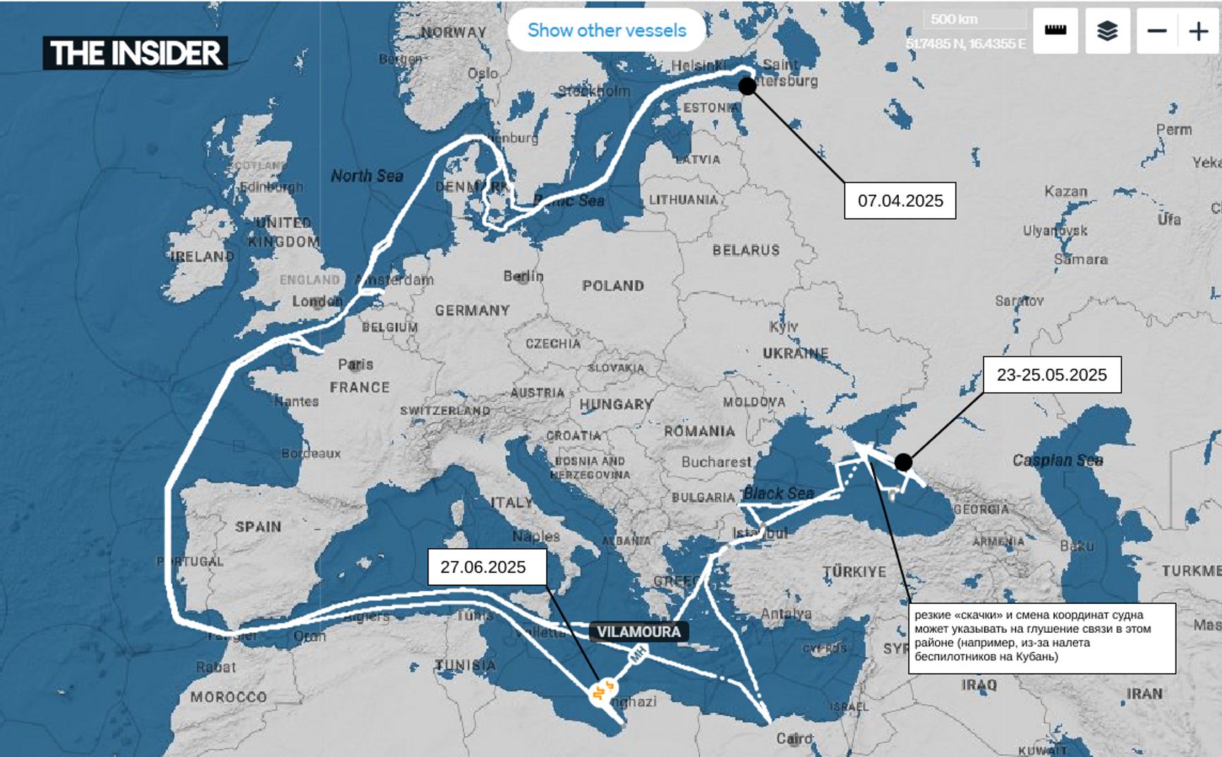 Маршрут танкера Vilamoura с начала апреля по конец июня 2025 / данные: Starboard